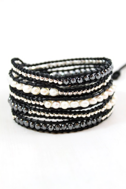 Granite - Freshwater Pearl and Gunmetal Leather Wrap Bracelet