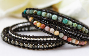 Chipotle - Mixed Semi Precious Stone Dark Leather Wrap Bracelet