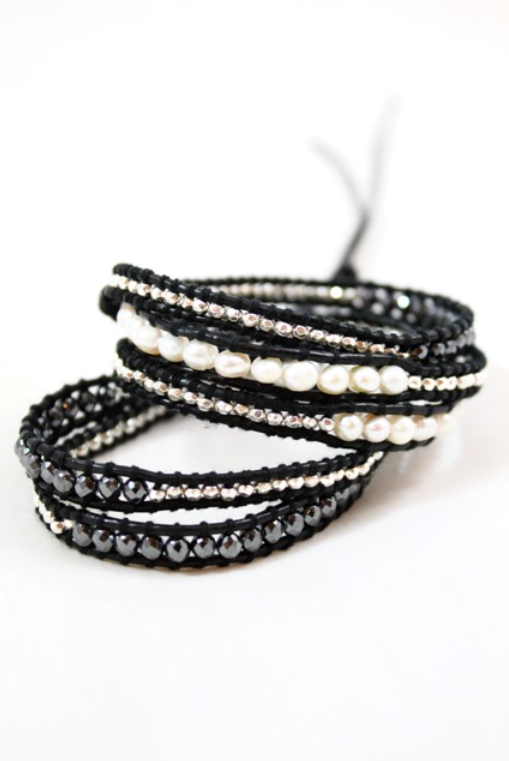 Granite - Freshwater Pearl and Gunmetal Leather Wrap Bracelet