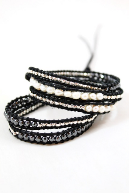Granite - Freshwater Pearl and Gunmetal Leather Wrap Bracelet