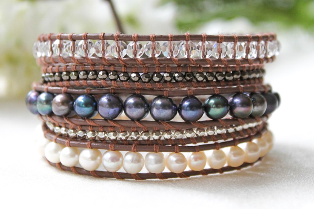 Fig - Freshwater Pearl Mix Leather Wrap Bracelet
