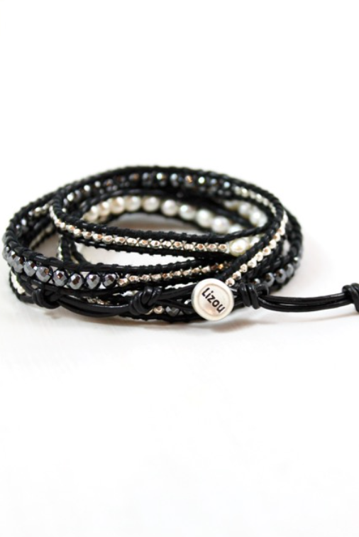 Granite - Freshwater Pearl and Gunmetal Leather Wrap Bracelet