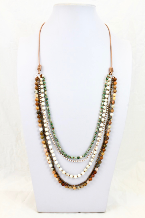 Semi Precious Stone and Sterling Plate Hand Knotted Long Necklace on Genuine Leather -Layers Collection- NLL-Alpine