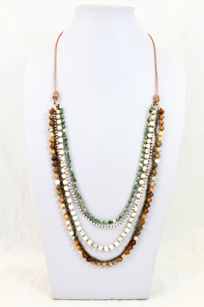 Semi Precious Stone and Sterling Plate Hand Knotted Long Necklace on Genuine Leather -Layers Collection- NLL-Alpine