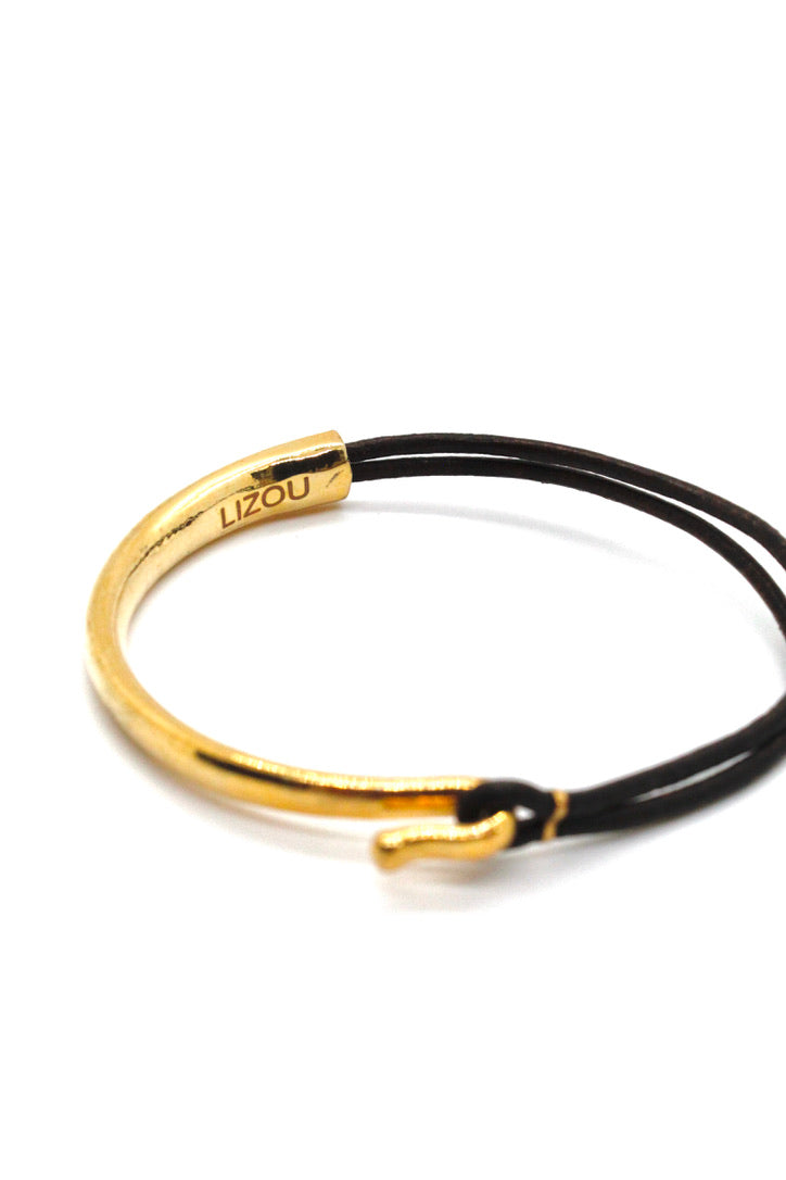 Dark Brown Leather + 24K Gold Plate Bangle Bracelet