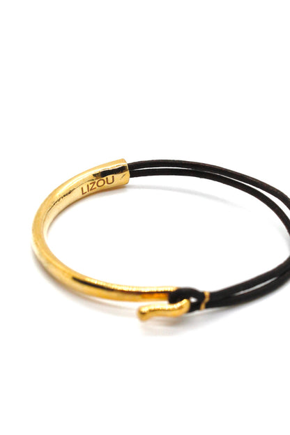 Dark Brown Leather + 24K Gold Plate Bangle Bracelet