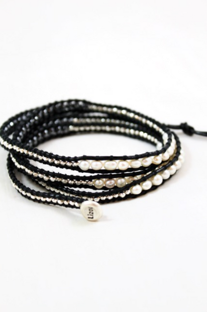 Granite - Freshwater Pearl and Gunmetal Leather Wrap Bracelet