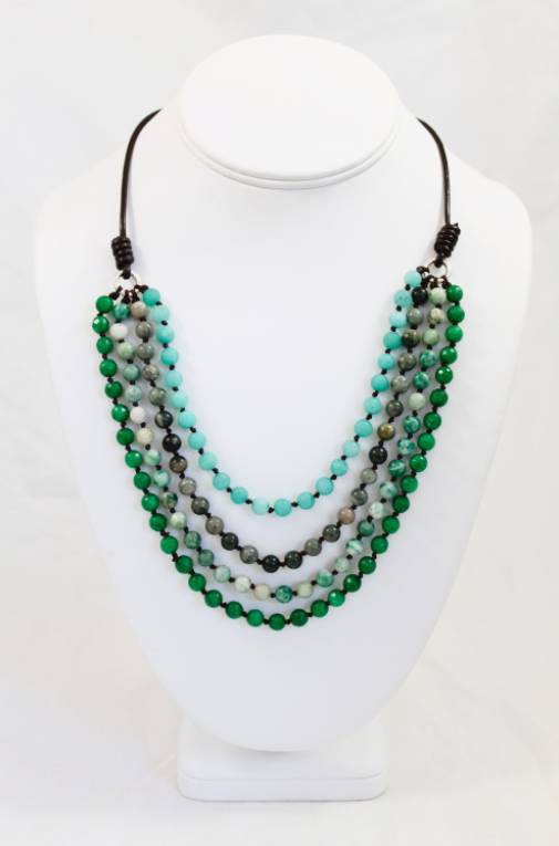Large Semi Precious Stone Hand Knotted Short Necklace on Genuine Leather -Layers Collection- NLS-M22