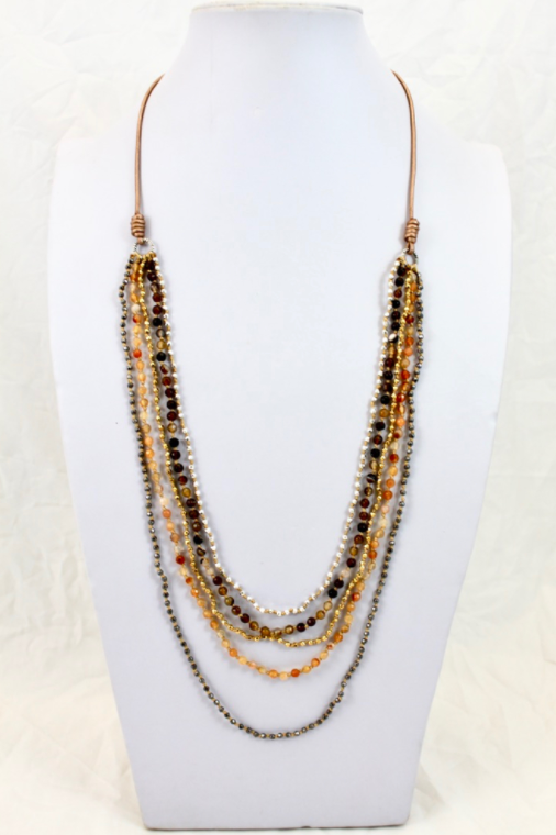 Semi Precious Stone and Metal Mini Nugget Hand Knotted Long Necklace on Genuine Leather -Layers Collection- NLL-Autumn