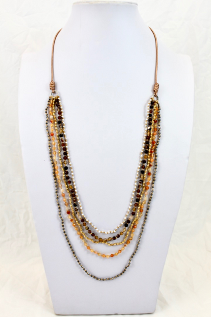 Semi Precious Stone and Metal Mini Nugget Hand Knotted Long Necklace on Genuine Leather -Layers Collection- NLL-Autumn