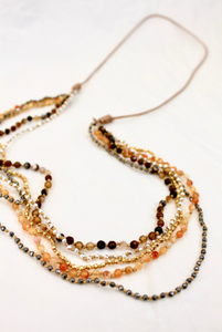 Semi Precious Stone and Metal Mini Nugget Hand Knotted Long Necklace on Genuine Leather -Layers Collection- NLL-Autumn