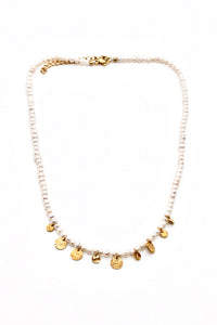 Mini Gold Charm Discs on Freshwater Pearl Short Necklace -French Flair Collection- N2-2096
