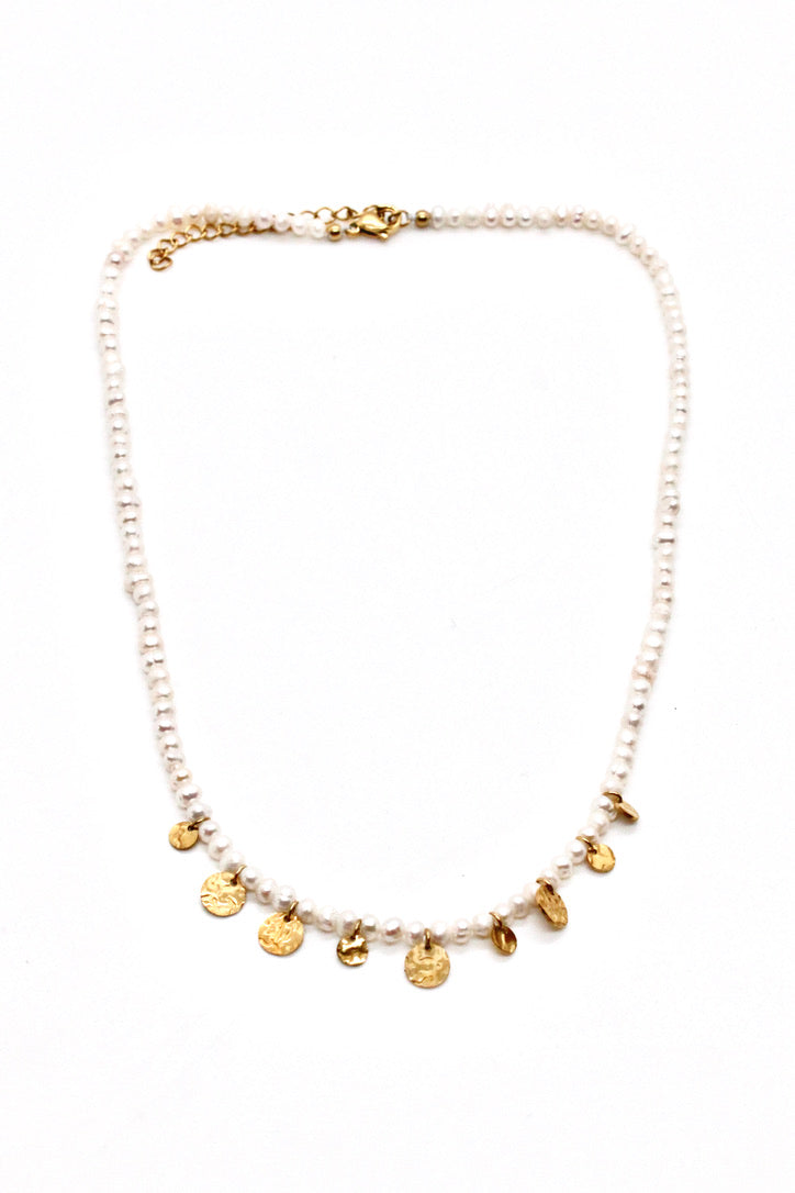 Mini Gold Charm Discs on Freshwater Pearl Short Necklace -French Flair Collection- N2-2096