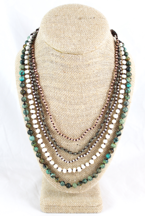 Semi Precious Stone Mix Hand Knotted Long Necklace on Genuine Leather -Layers Collection- NLL-Birch