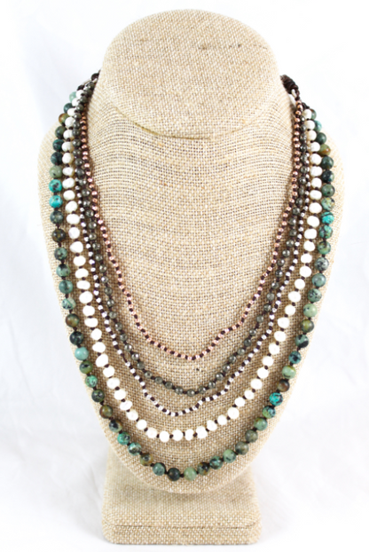 Semi Precious Stone Mix Hand Knotted Long Necklace on Genuine Leather -Layers Collection- NLL-Birch