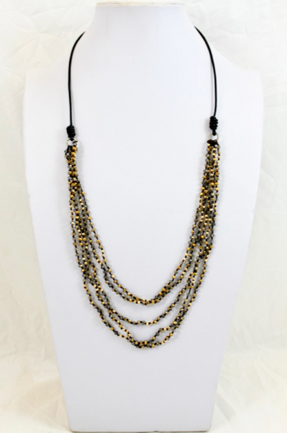 Crystal Mix Hand Knotted Long Necklace on Genuine Leather -Layers Collection- NLL-Gold