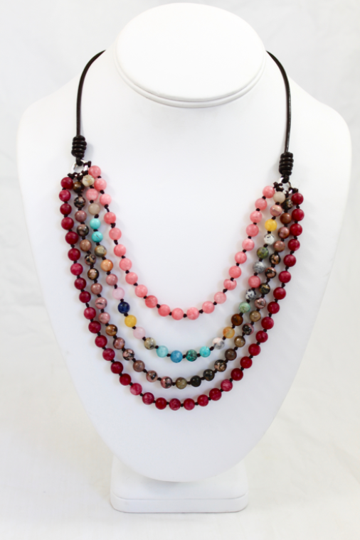 Large Semi Precious Stone Hand Knotted Short Necklace on Genuine Leather -Layers Collection- NLS-M29