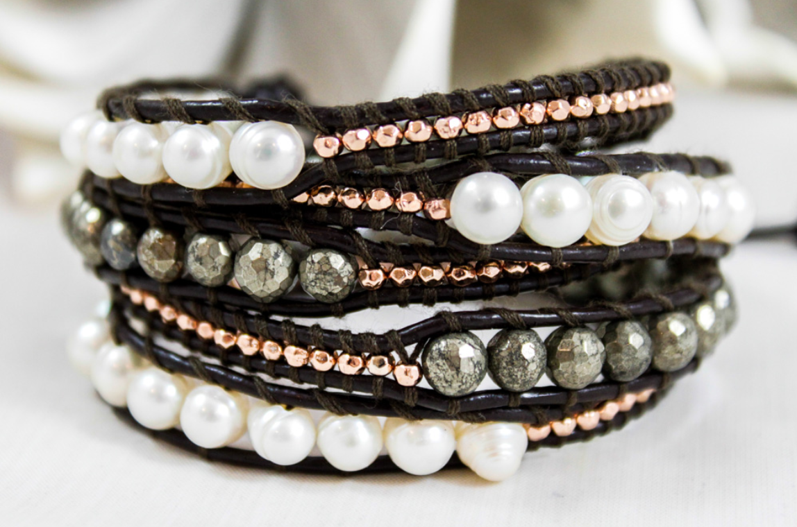 Graphite - Freshwater Pearl and Pyrite Leather Wrap Bracelet