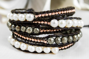 Graphite - Freshwater Pearl and Pyrite Leather Wrap Bracelet