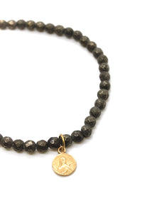 Mini Pyrite Stone Bracelet with Small Gold French Religious Charm -French Medals Collection- B6-005