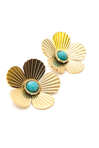 Large Turquoise and Gold Flower Stud Earrings -French Flair Collection- E4-120