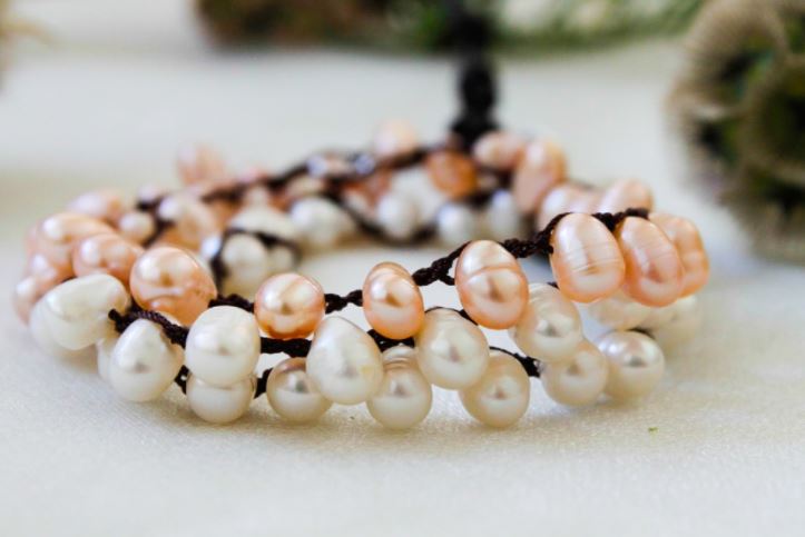 Hand Knotted Convertible Crochet Bracelet, Necklace, or Headband, Freshwater Pearls Mix - WR-027