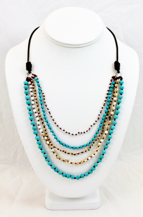 Turquoise Mix Hand Knotted Short Necklace on Genuine Leather -Layers Collection- NLS-Eclipse