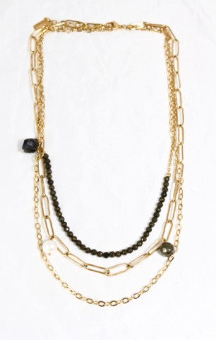 Three Row Pyrite and 24K Gold Plate Necklace -French Flair Collection- N2-987