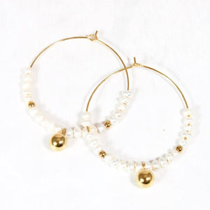 White Freshwater Pearl Beaded Hoop Earrings - E054