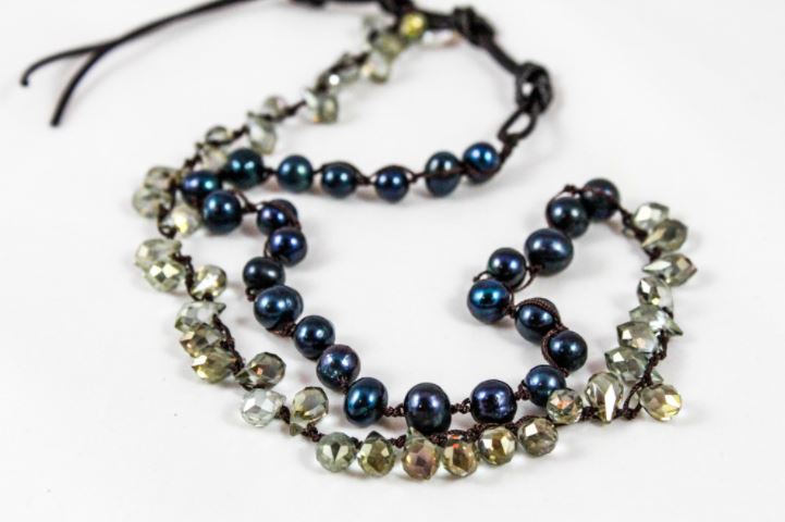 Hand Knotted Convertible Crochet Bracelet, Necklace, or Headband, Freshwater Pearls and Crystals - WR-048