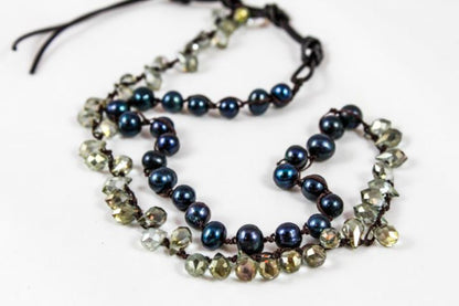 Hand Knotted Convertible Crochet Bracelet, Necklace, or Headband, Freshwater Pearls and Crystals - WR-048