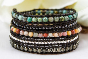 Chipotle - Mixed Semi Precious Stone Dark Leather Wrap Bracelet