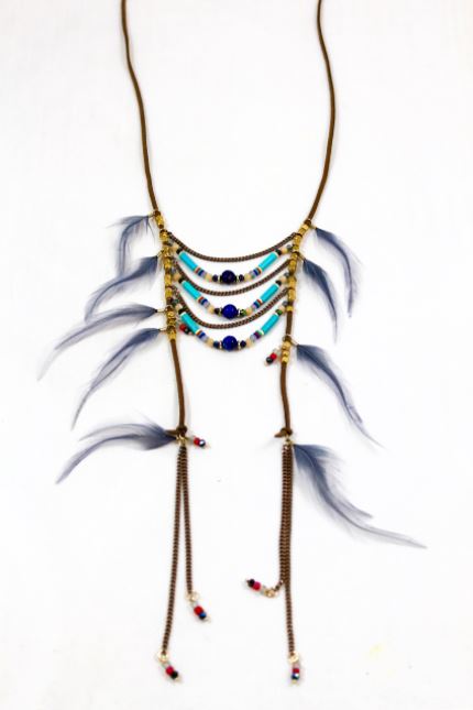 Indian Style Feather and Turquoise Hand Beaded Necklace -The Classics Collection- N2-726