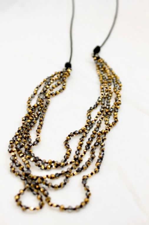 Crystal Mix Hand Knotted Long Necklace on Genuine Leather -Layers Collection- NLL-Gold