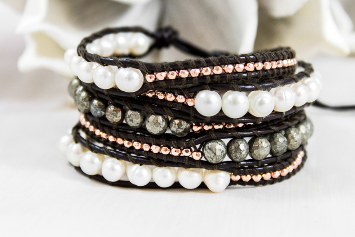 Graphite - Freshwater Pearl and Pyrite Leather Wrap Bracelet