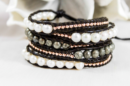 Graphite - Freshwater Pearl and Pyrite Leather Wrap Bracelet