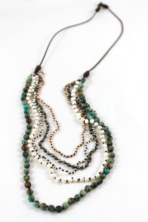 Semi Precious Stone Mix Hand Knotted Long Necklace on Genuine Leather -Layers Collection- NLL-Birch