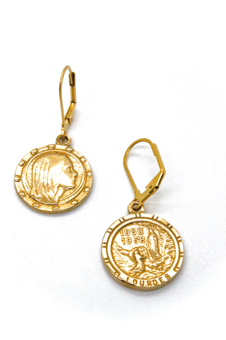 Bronze Reversible French Religious Charm Earrings -French Medal Collection- E6-003