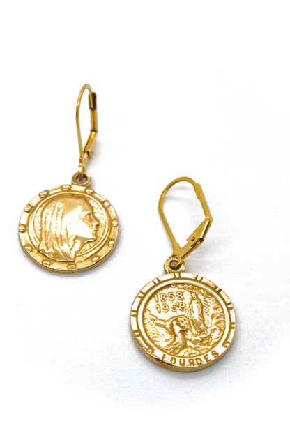 Bronze Reversible French Religious Charm Earrings -French Medal Collection- E6-003