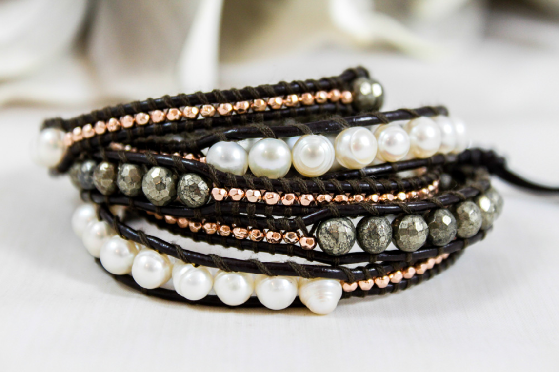 Graphite - Freshwater Pearl and Pyrite Leather Wrap Bracelet