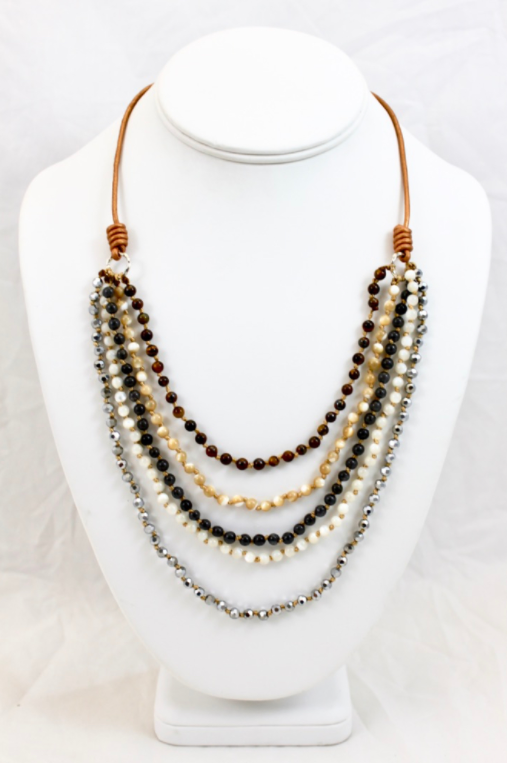 Tiger's Eye Mix Hand Knotted Short Necklace on Genuine Leather -Layers Collection- NLS-Deer