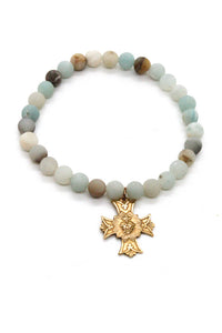Amazonite Stone Stretch Bracelet with French Gold Religious Cross Heart Charm -French Medals Collection- B6-009