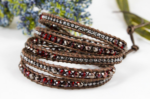 Garnet - Deep Red Leather Wrap Bracelet