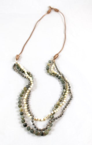 Mother of Pearl, Crystal and Labradorite Hand Knotted Long Necklace on Genuine Leather -Layers Collection- N5-006