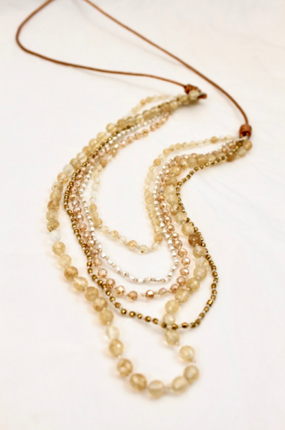 Semi Precious Stone MixHand Knotted Long Necklace on Genuine Leather -Layers Collection- NLL-Hope