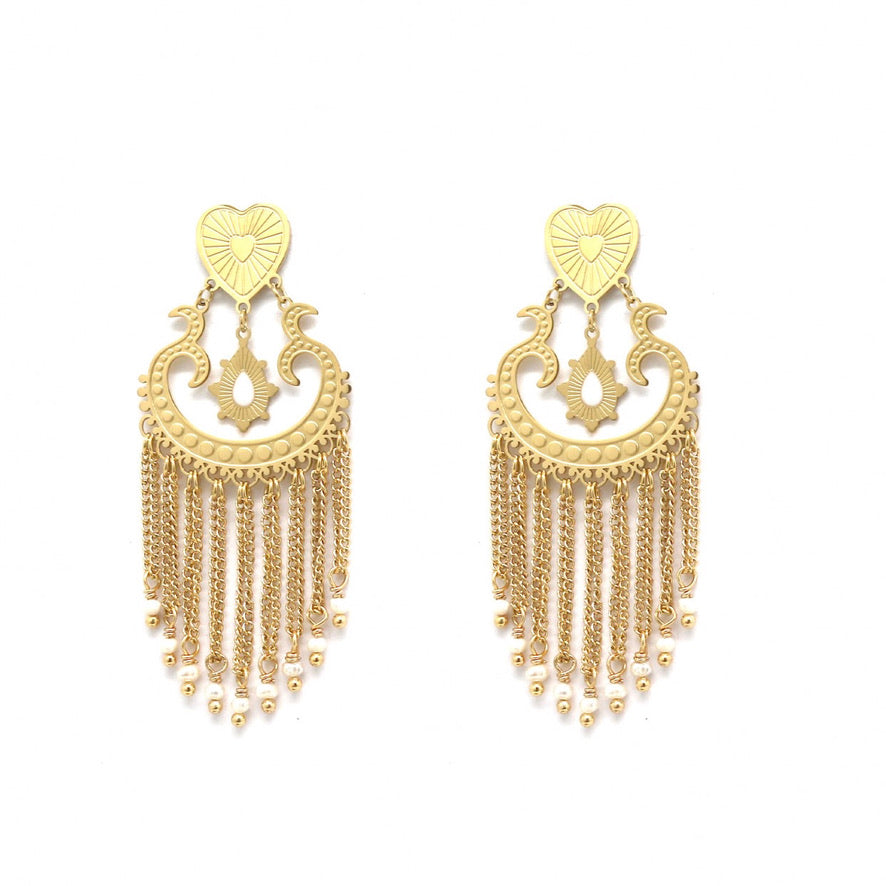 Beautiful Artsy Heart Dangle Earrings 24K Gold Plate with Metal Fringe and Freshwater Pearls -French Flair Collection- E4-083