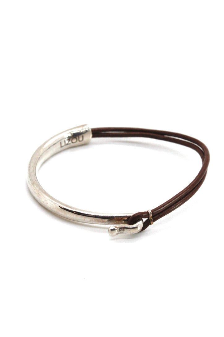 Brown Leather + Sterling Silver Plate Bangle Bracelet