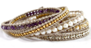 Lavender - Mauve and Freshwater Pearl Leather Wrap Bracelet