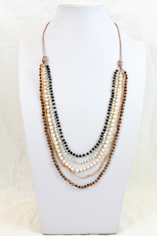 Freshwater Pearl Mix Hand Knotted Long Necklace on Genuine Leather -Layers Collection- NLL-Jicama