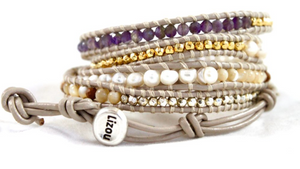 Lavender - Mauve and Freshwater Pearl Leather Wrap Bracelet